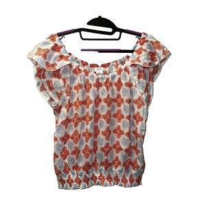 Sigrid Olsen cotton top orange print flutter sleeves Large